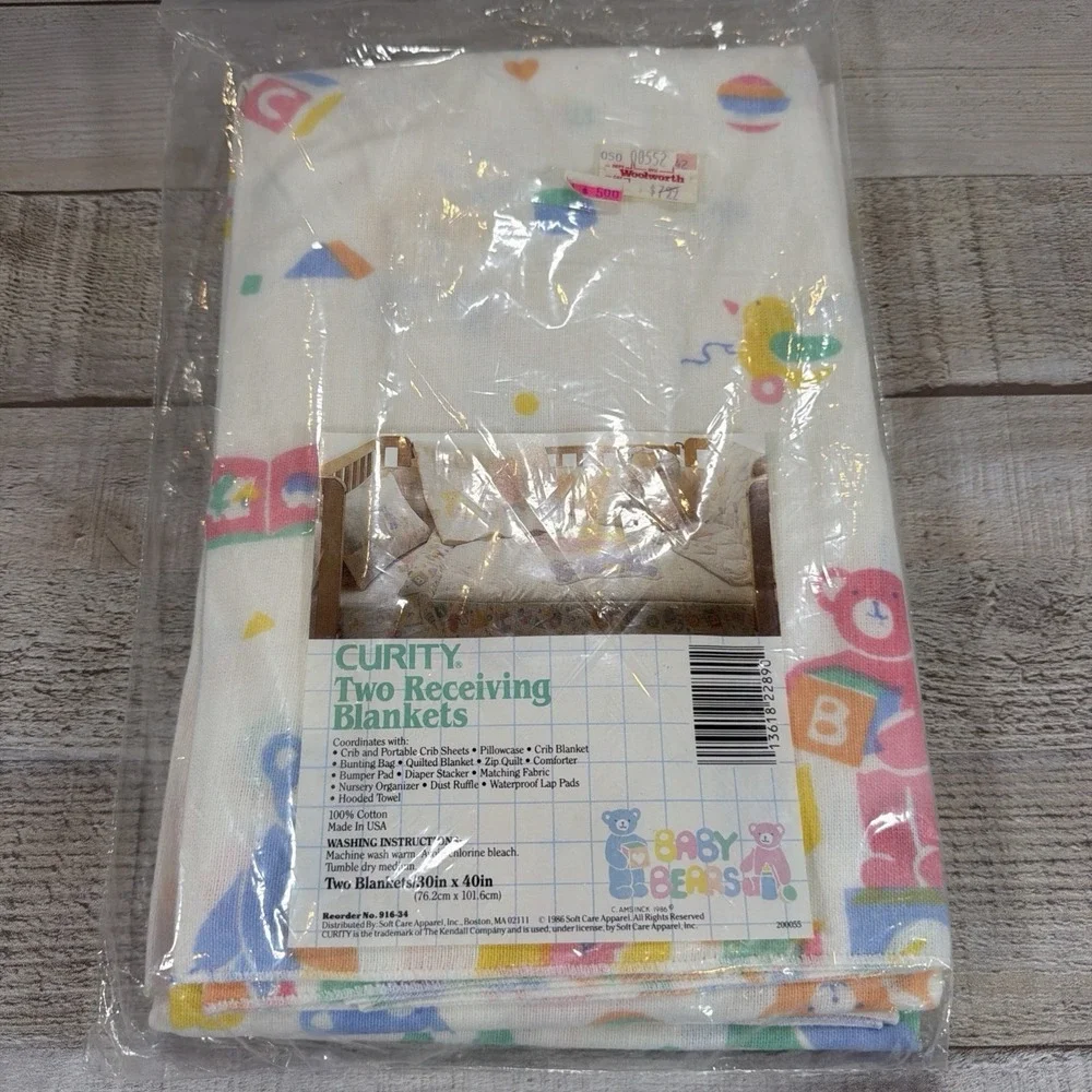 Vintage 1986 Curity Baby Bears Receiving Blankets Set 2 NOS Cotton Made USA